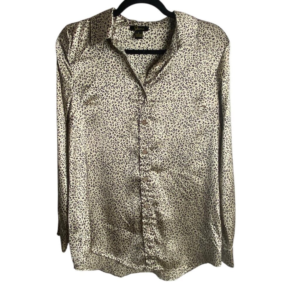 Japna Size L Silky Button Down Blouse Top Leopard Animal Print Neutral Mobwife